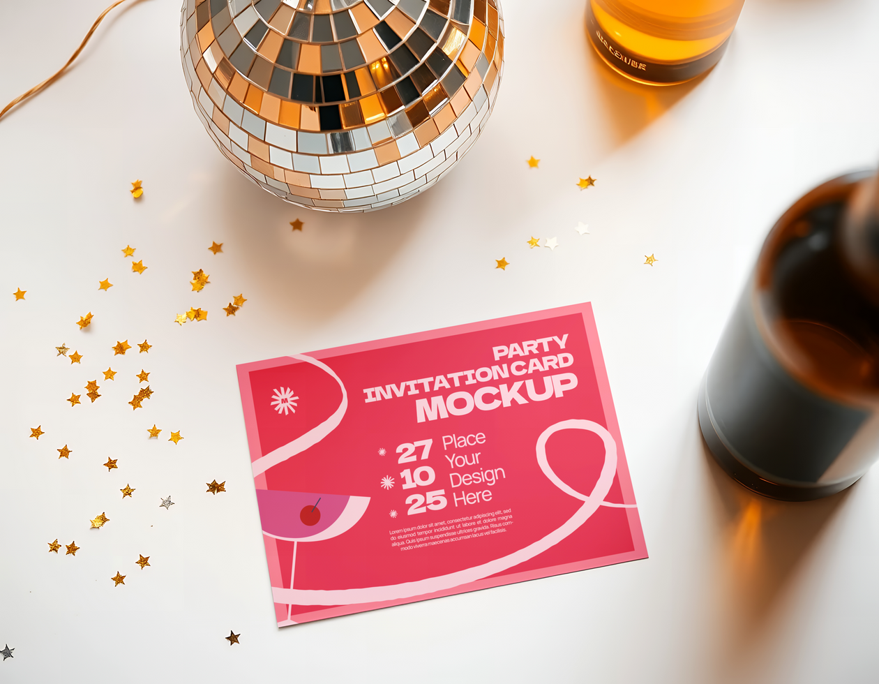 A party invitation with a bottle of soda and a glass psd