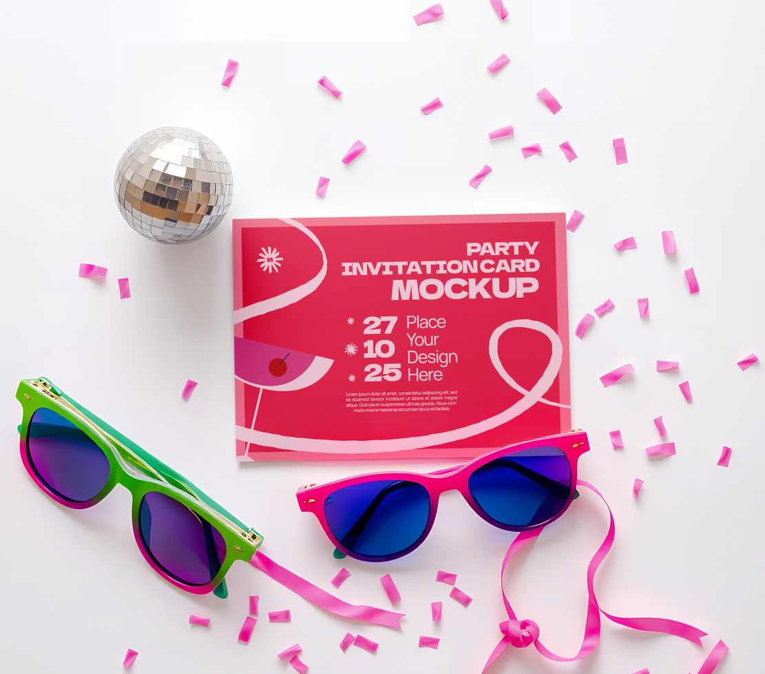 A party invitation with sunglasses and confetti psd