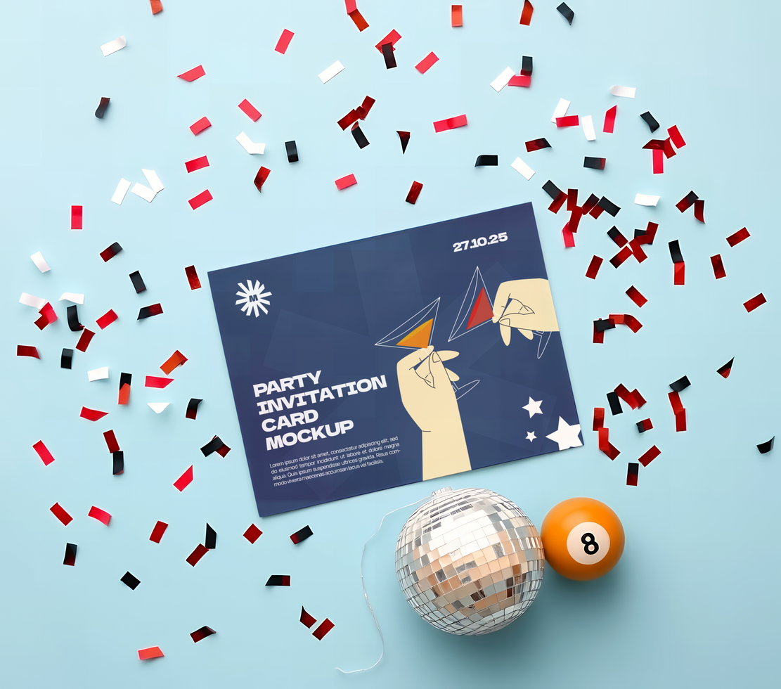 A party invitation with confetti and a ball psd