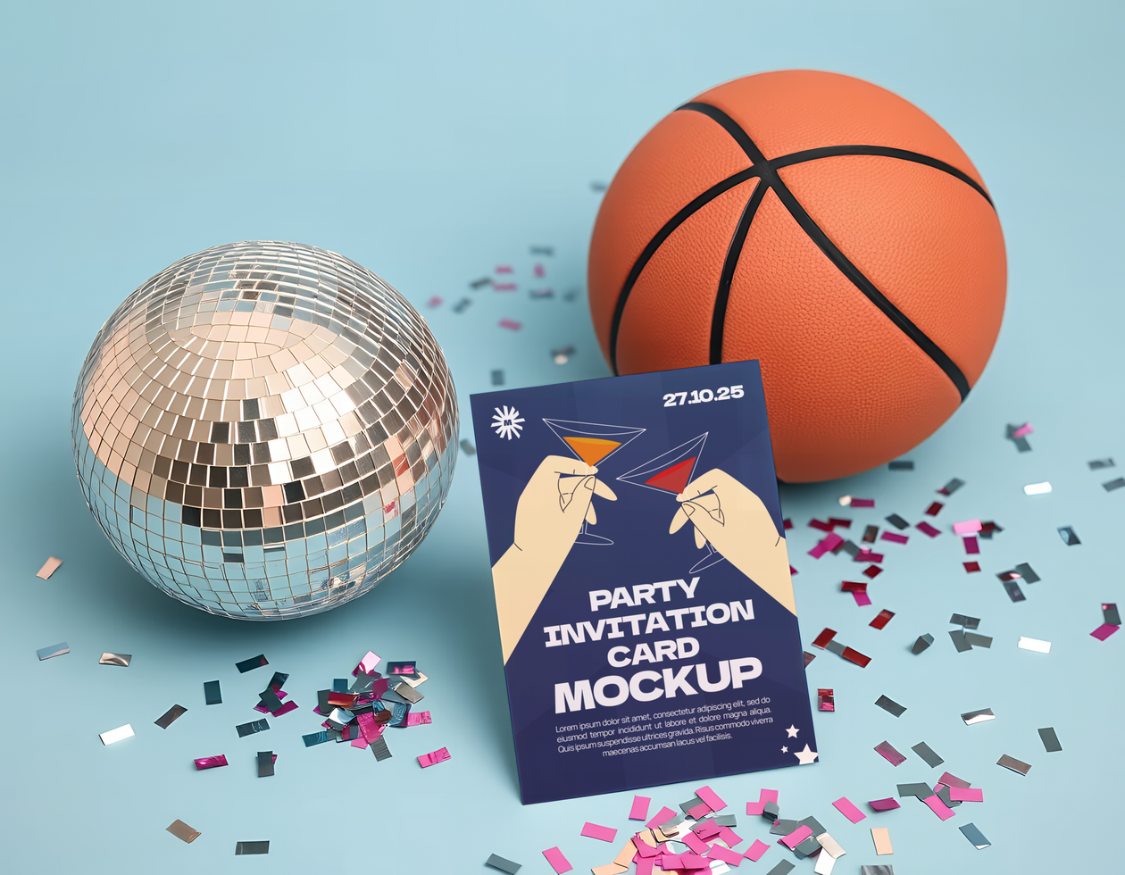 A basketball ball and a party invitation mockup psd