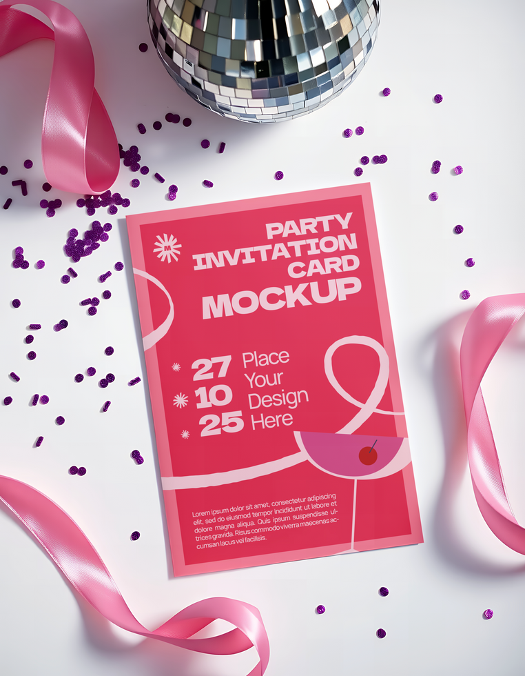 Ribbon Party invitation card mockup psd