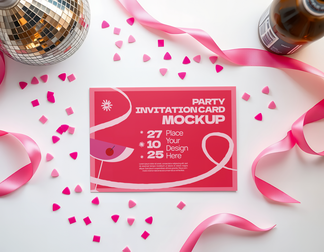 Party invitation mockup with pink confetti psd