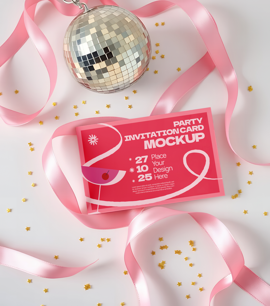 Party invitation mockup with ribbon and disco ball psd