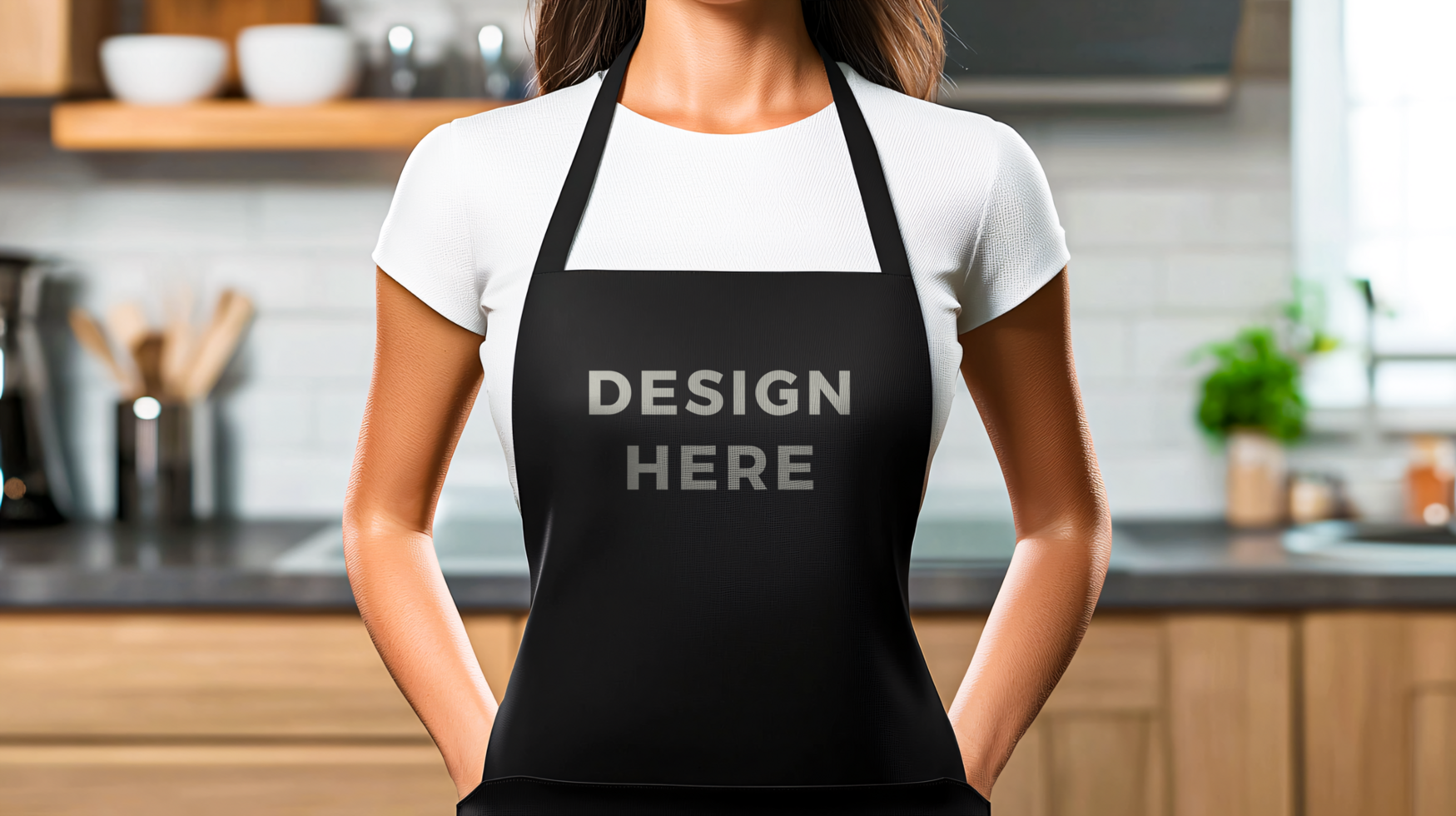Close up view of woman wearing black apron mockup psd
