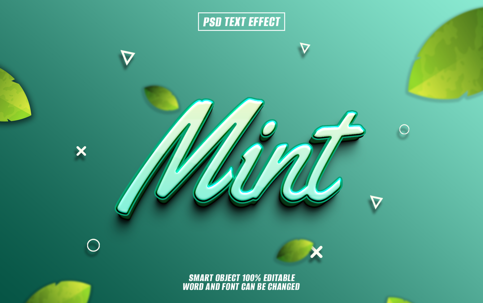 3D text effect design Mint with green leaves, psd