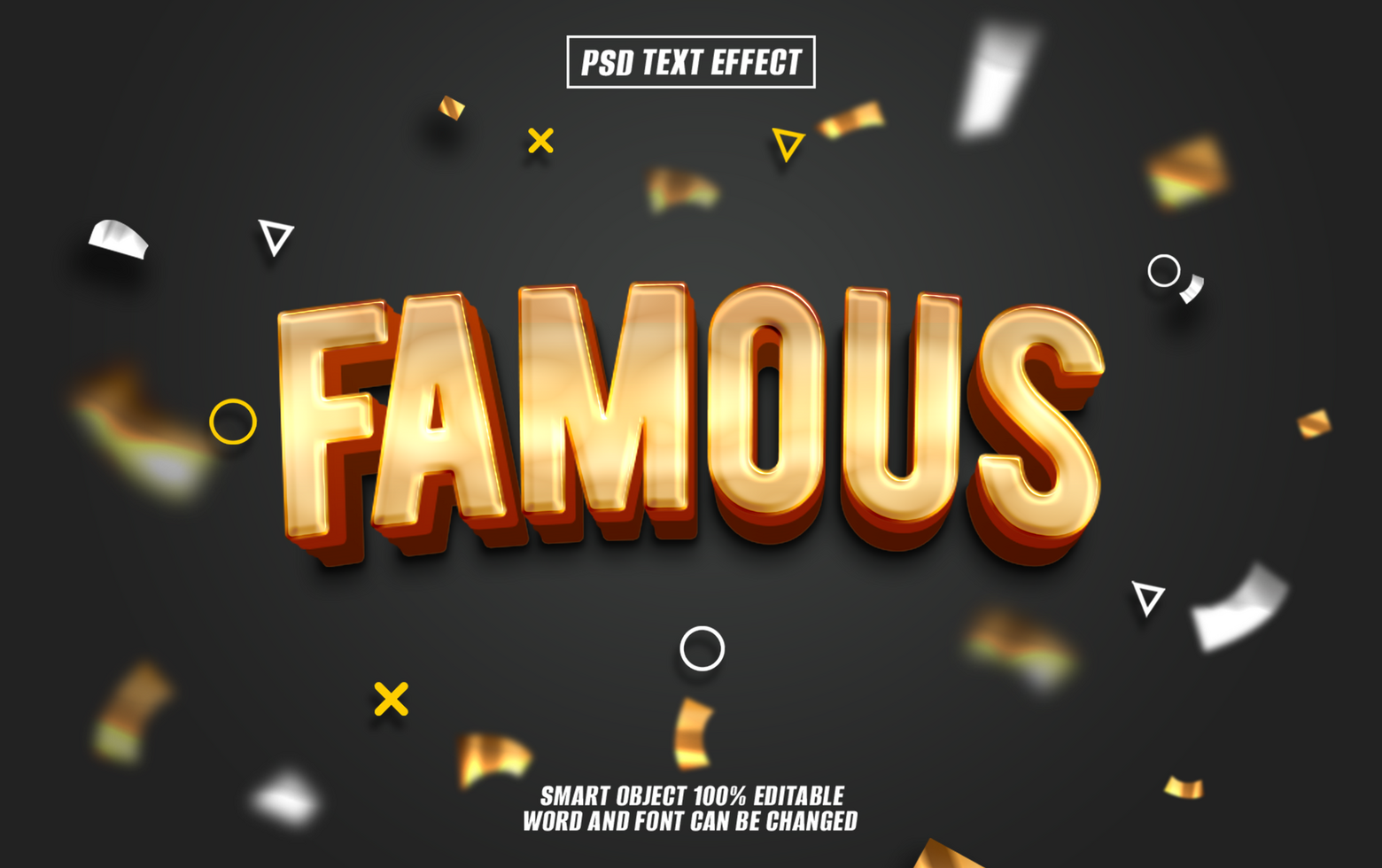 Gold 3D text effect Famous on dark background with confetti. psd