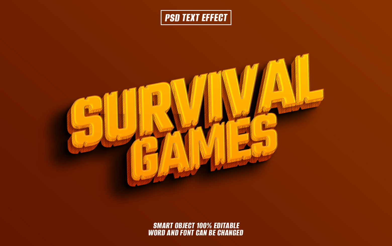 3D text effect, Survival Games, yellow and orange, on brown background. psd