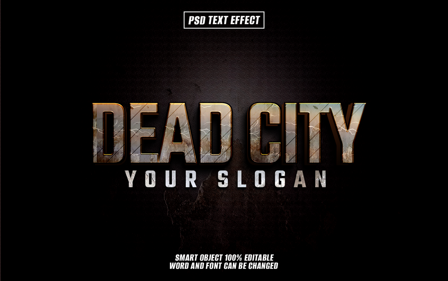 Grungy text effect Dead City with editable slogan psd
