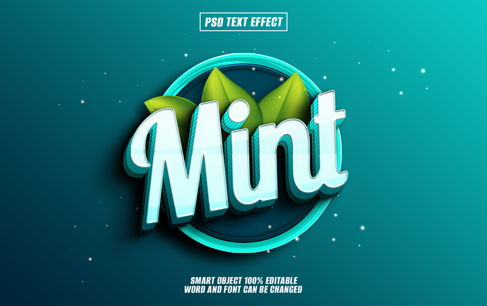 3D text effect Mint with green leaves on teal background. psd