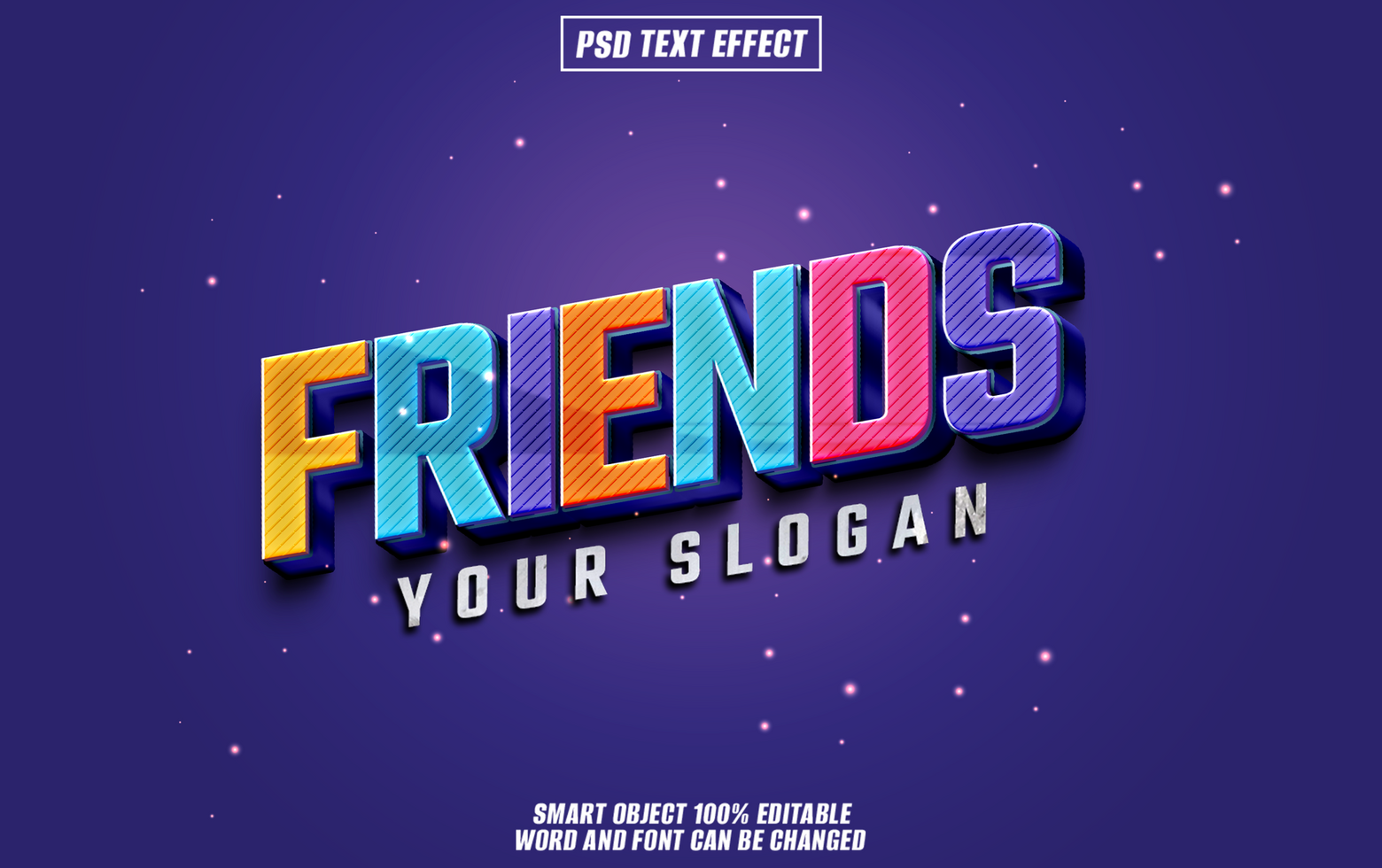 Colorful 3D text effect FRIEND with editable slogan on purple background. psd