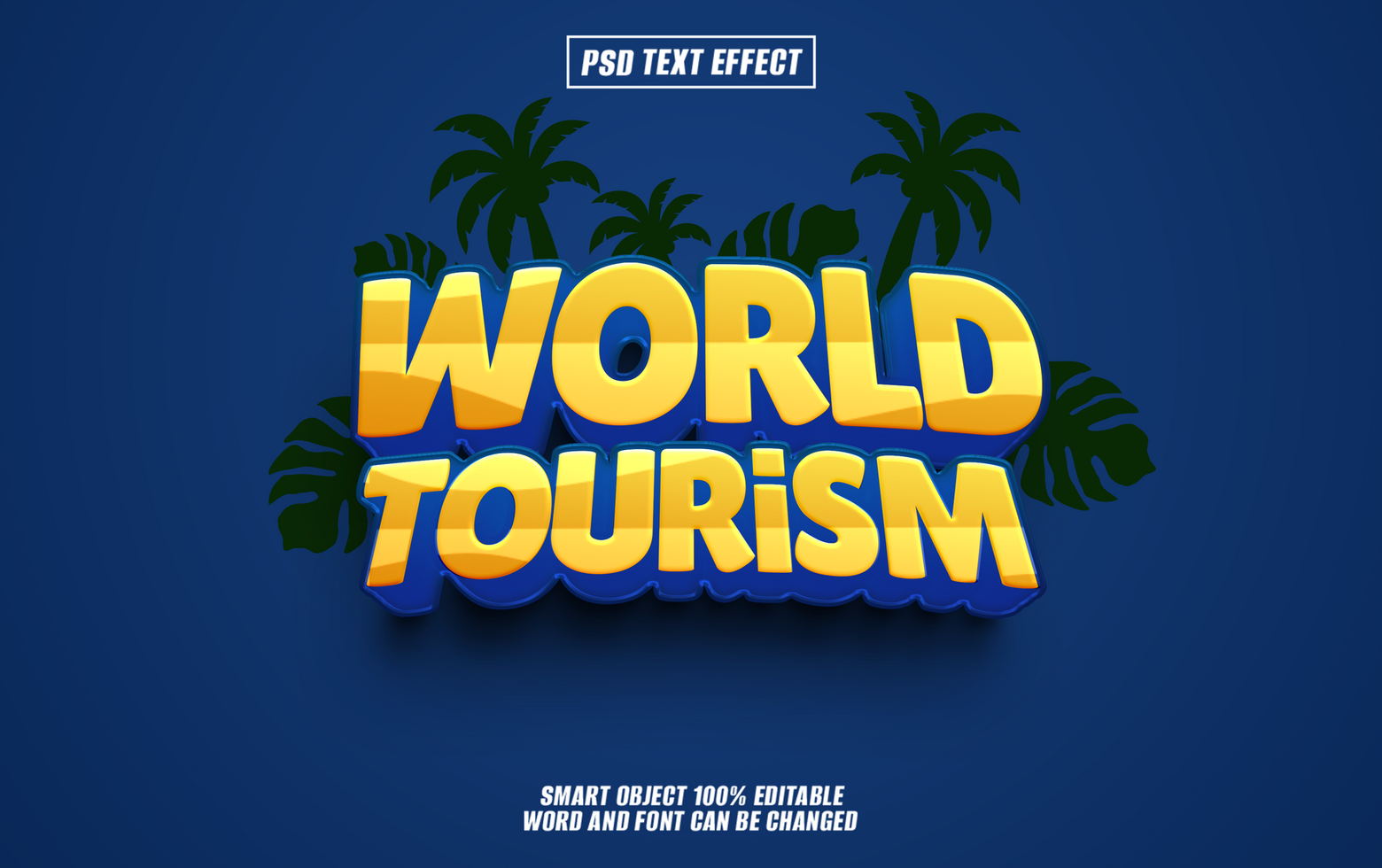 3D text effect design World Tourism with palm trees and tropical leaves psd