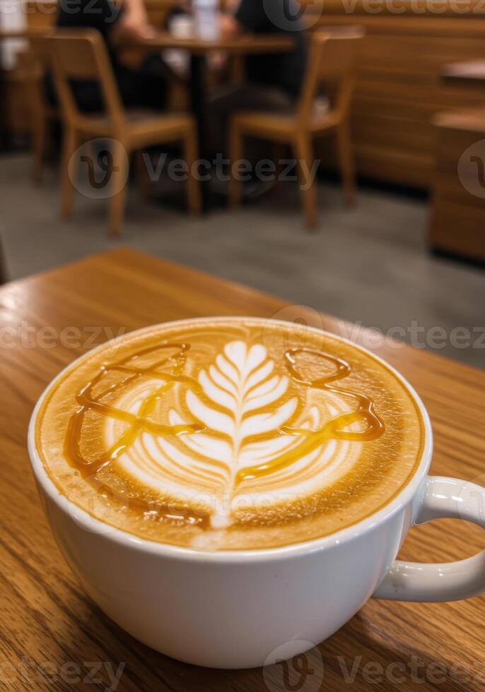 Coffee with beautiful latte art on wooden table in cafe photo