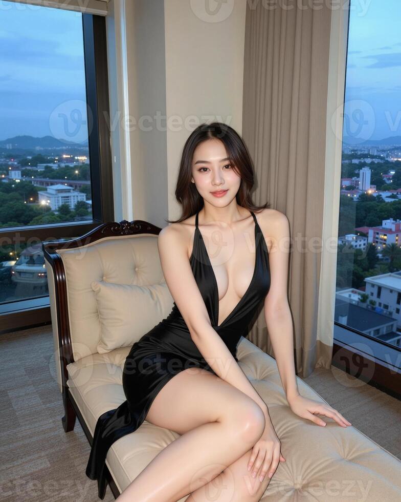 Elegant Woman in Black Dress Posing by City View Window photo