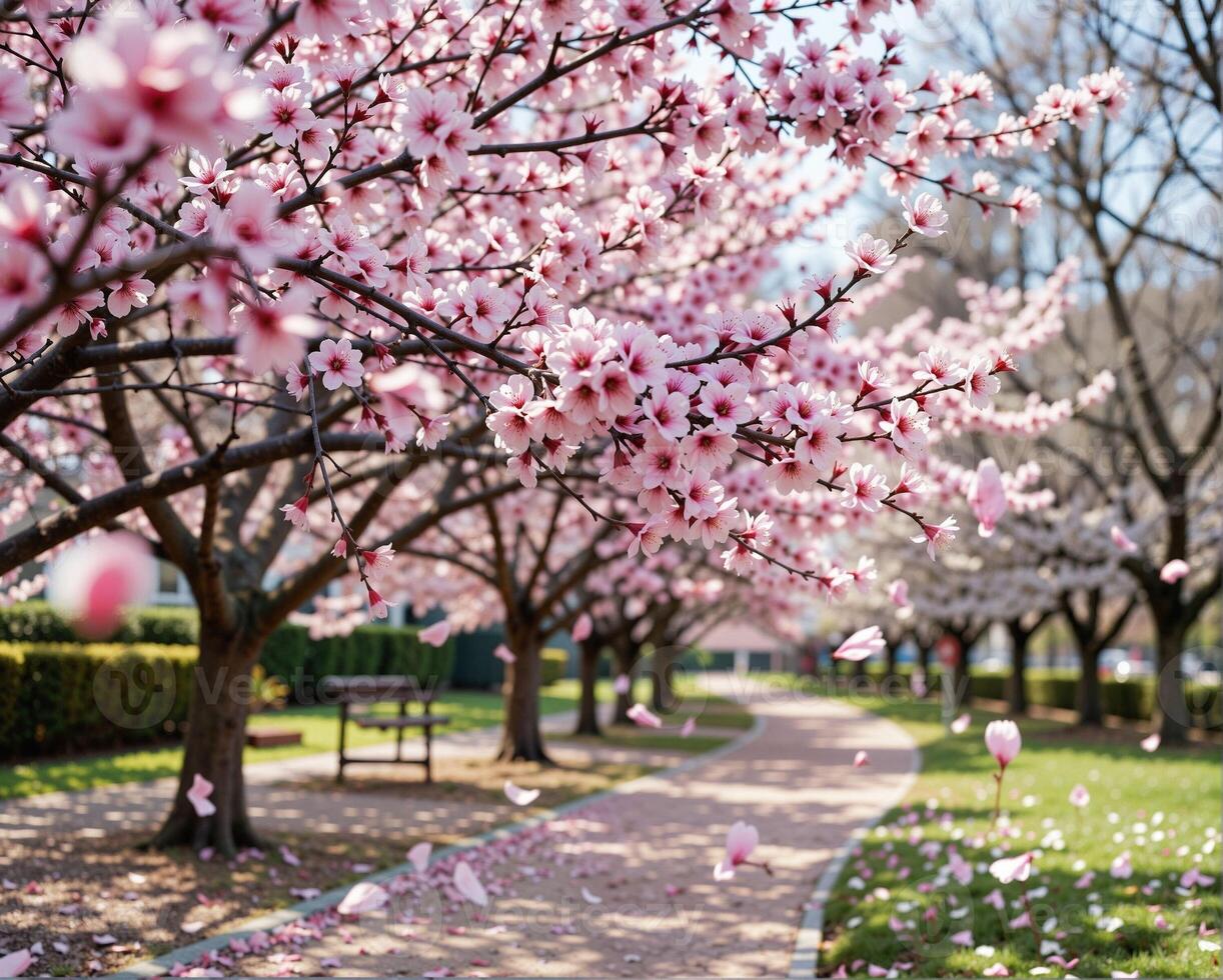 Serene Spring Pathway Lined with Blossoming Cherry Trees in Bloom photo