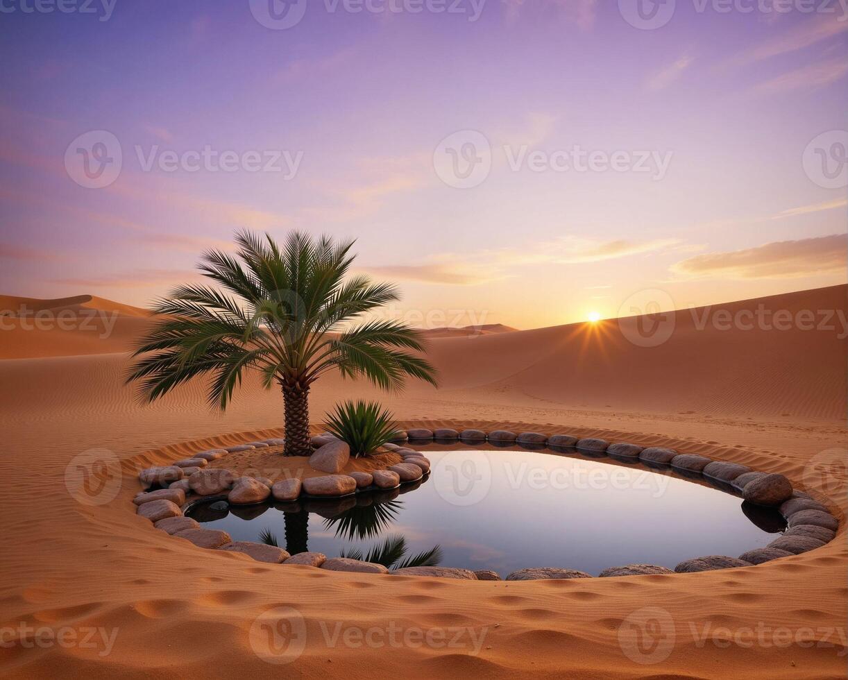 Tranquil Oasis with Palm Tree at Sunset in Desert Landscape photo