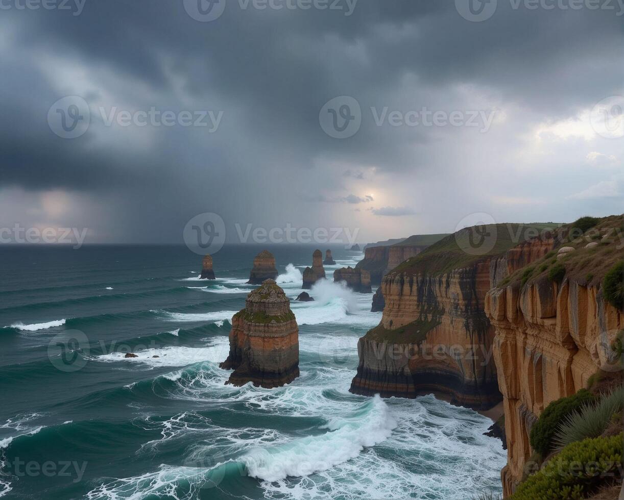 Dramatic Seascape with Rugged Cliffs and Turbulent Sky at Sunset photo