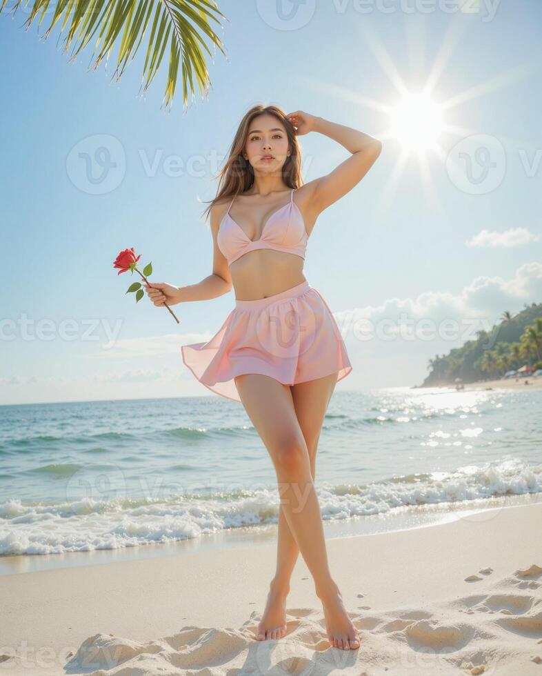 Woman in pink swimwear holding flower at sunset beach photo