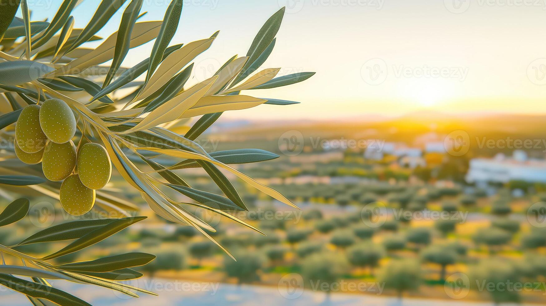 Close up of olive branch with olive oil droplet on blurred background of olive grove photo