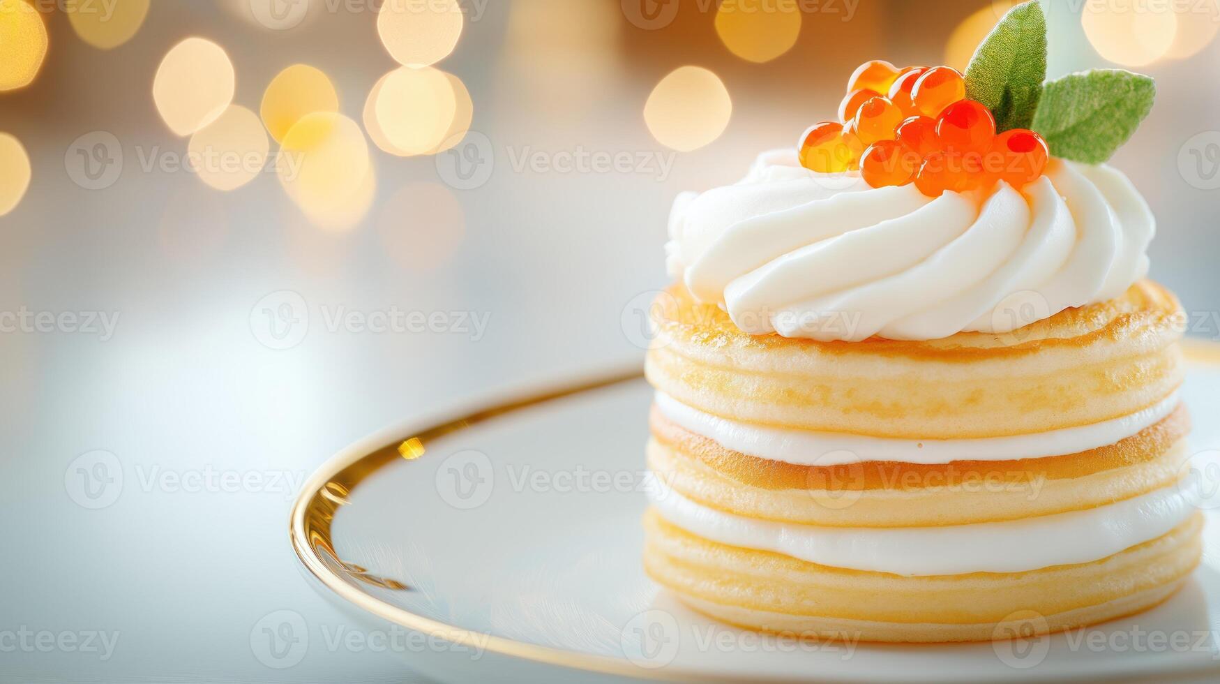Stack of small golden pancakes on white plate, topped with red caviar, copy space photo