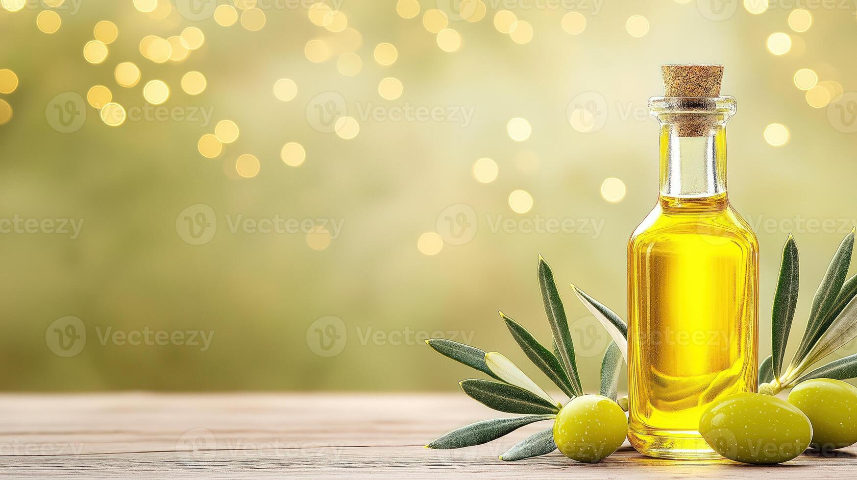 Glass bottle filled with golden olive oil on wooden surface, surrounded by fresh olives photo