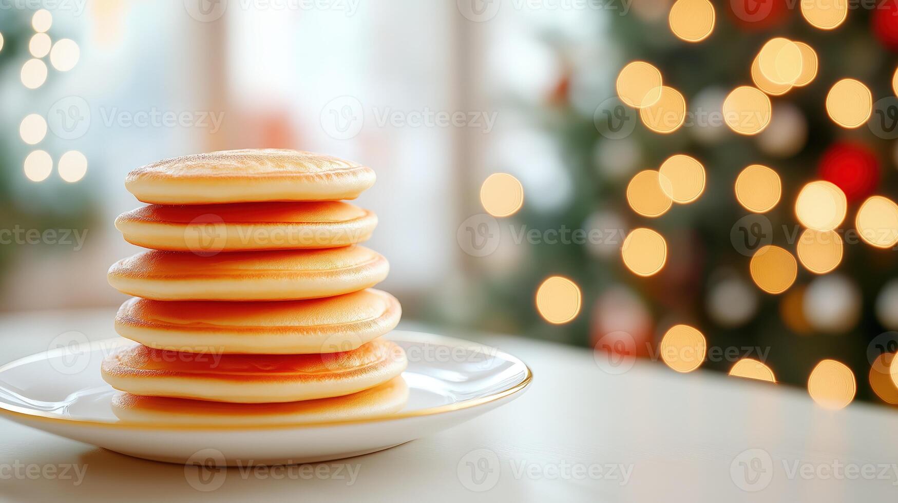 Stack of golden pancakes on white porcelain plate on festive background, with copy space photo