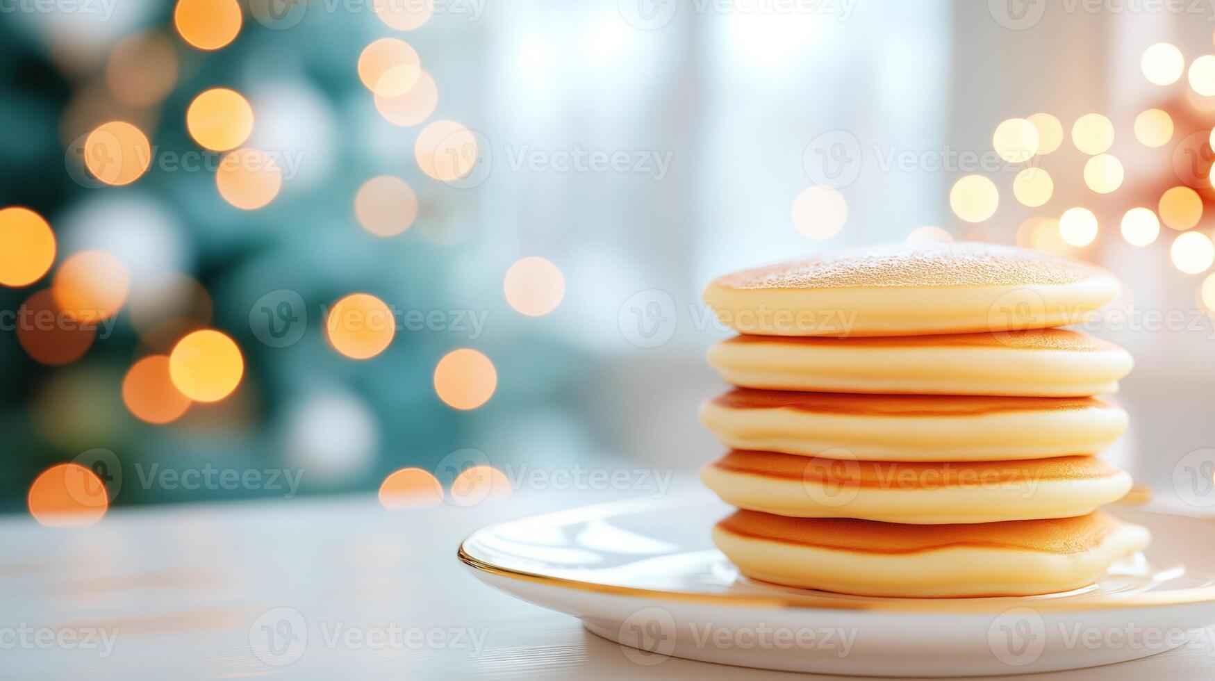 Stack of pancakes on white porcelain plate on festive background, with copy space photo