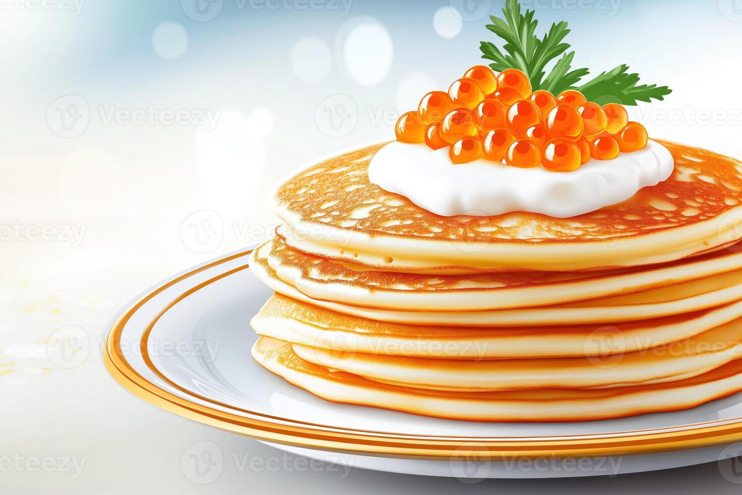 Stack of golden pancakes on white plate, topped with caviar, with copy space photo