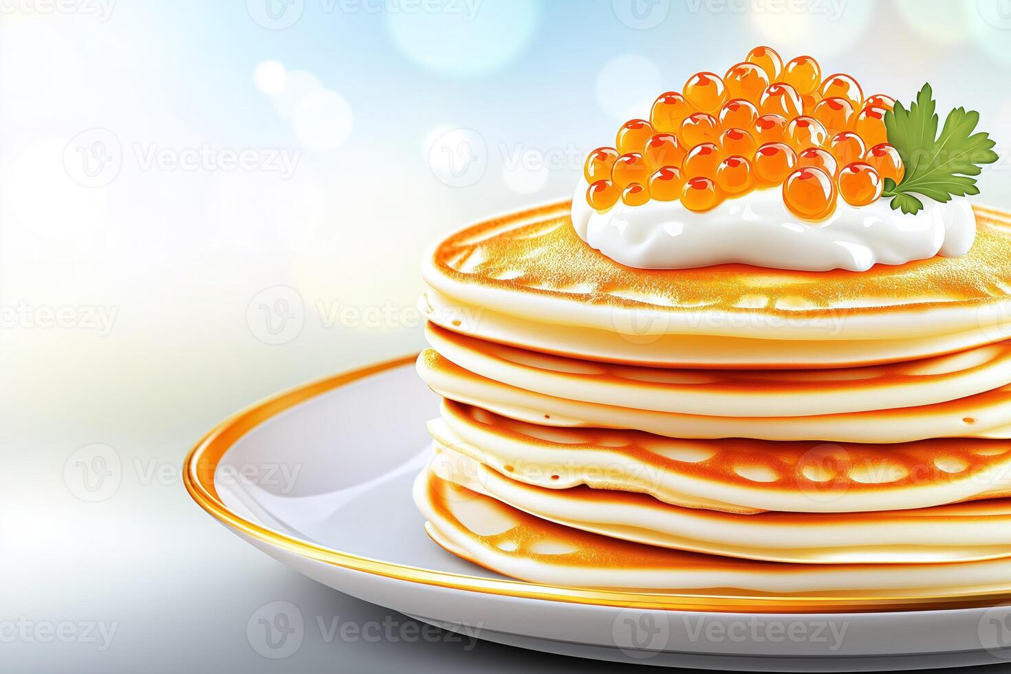 Homemade pancakes on white plate, topped with red caviar and parsley leaf photo