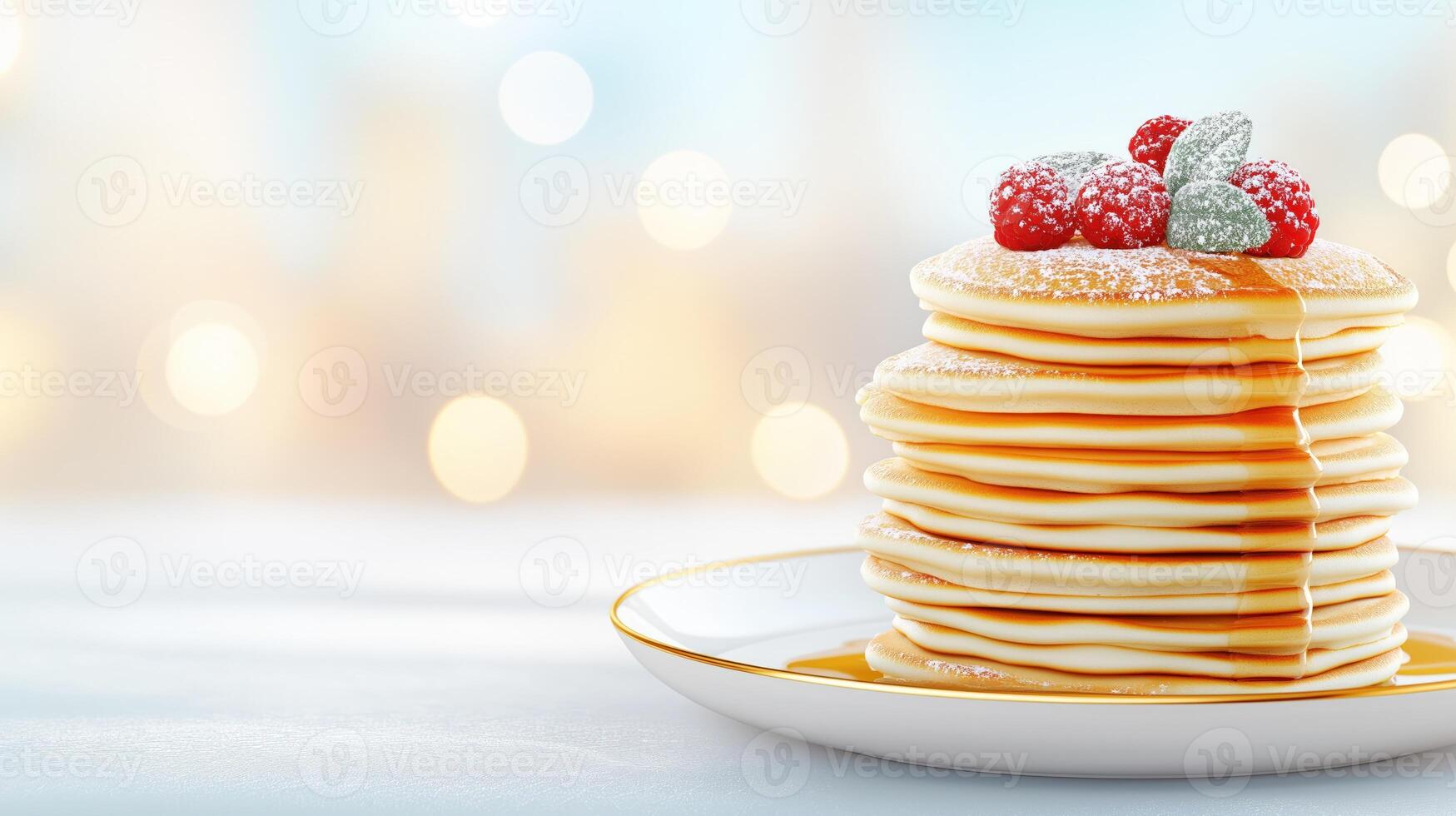 Stacking pancakes with honey, topped with fresh raspberries and powdered sugar, copy space photo