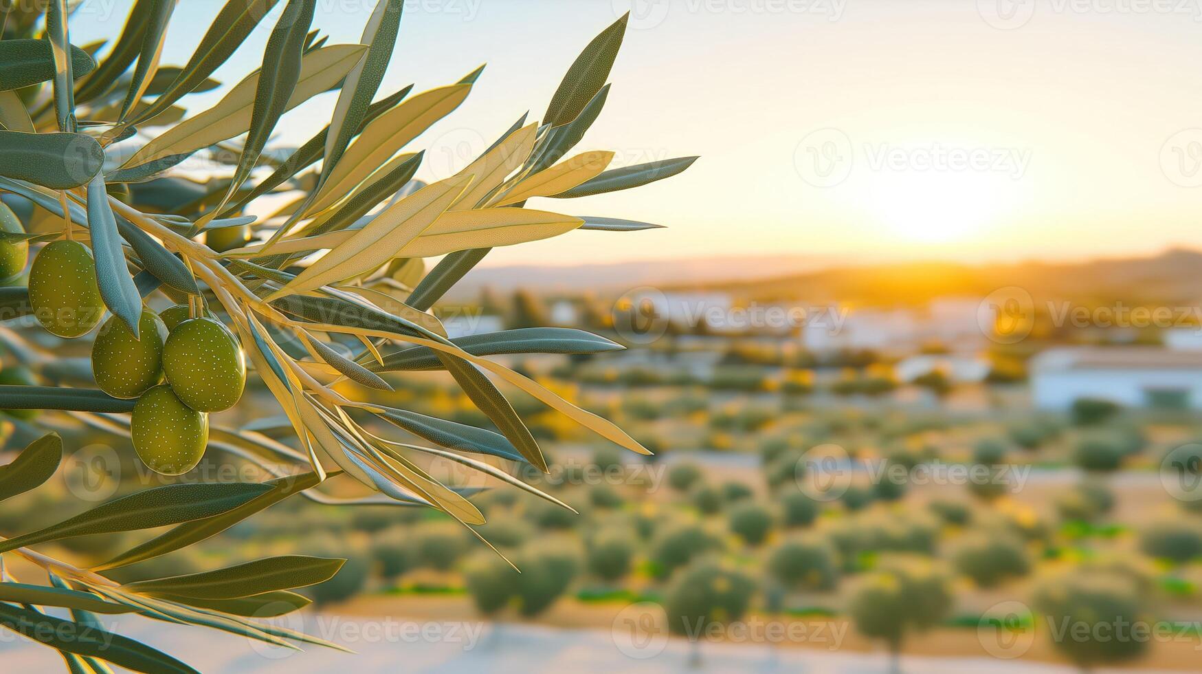 Close up of olive branch with olive oil drop on blurred background of olive grove photo
