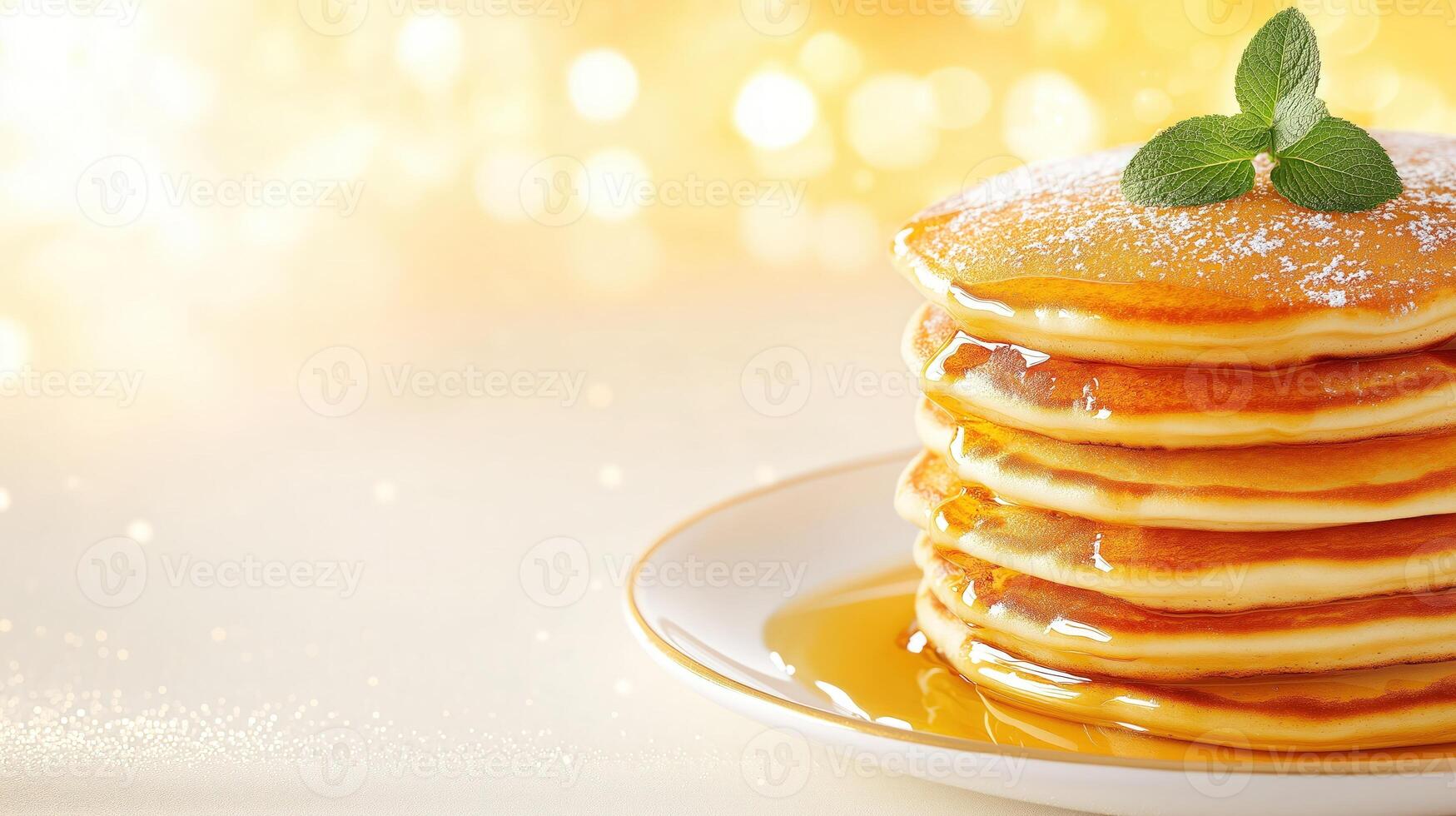 Stack of golden pancakes on white porcelain plate, topped with honey and mint leaf, with copy space photo
