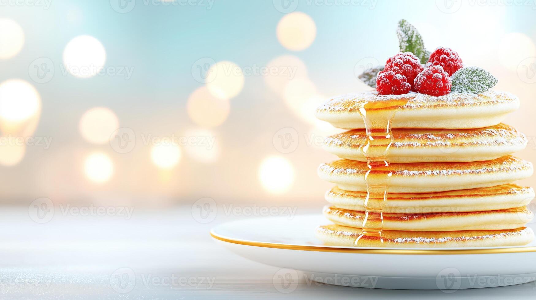 Stacking homemade pancakes with honey and raspberries, with copy space photo