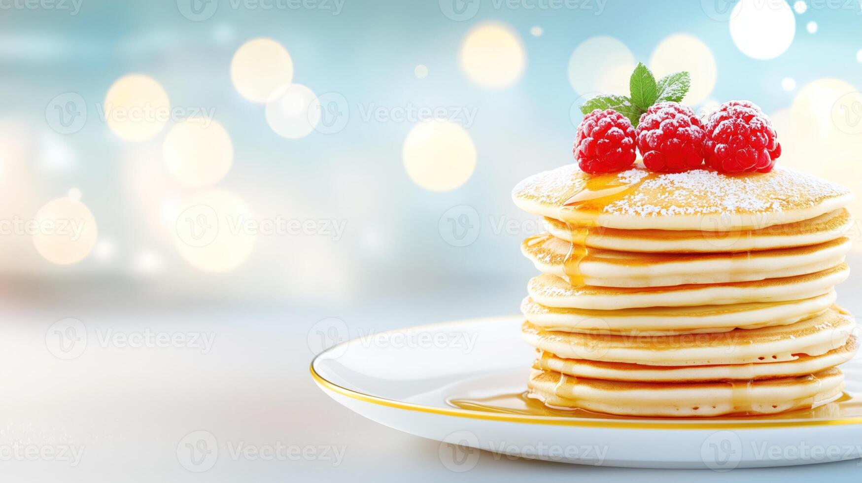 Stacking golden homemade pancakes with honey and raspberries, with copy space photo