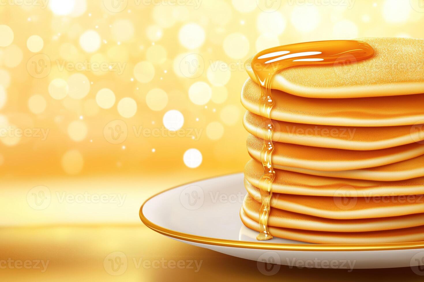 Stack of pancakes, topped with syrup or honey on golden background, with copy space photo