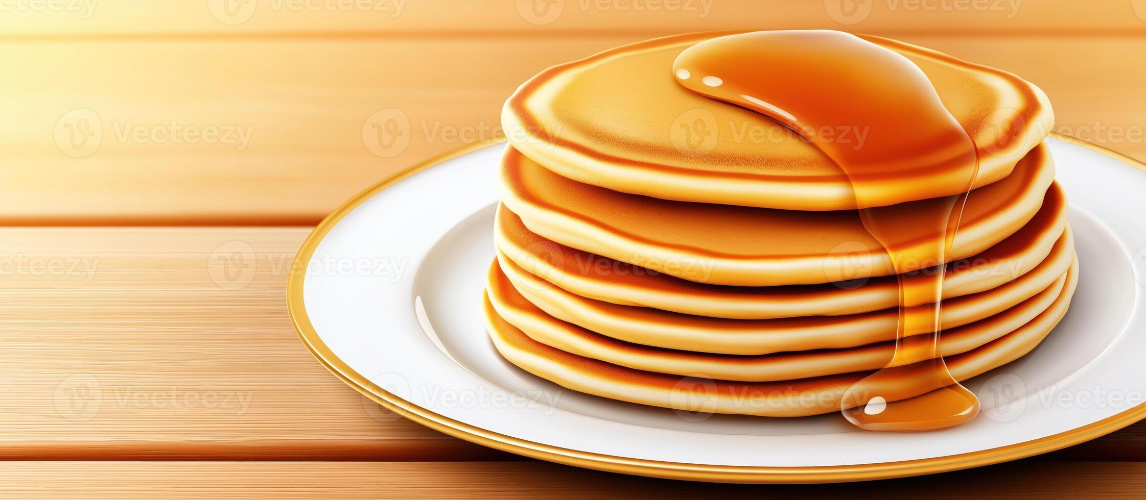 Stack of pancakes on white porcelain plate, topped with syrup or honey, with copy space photo