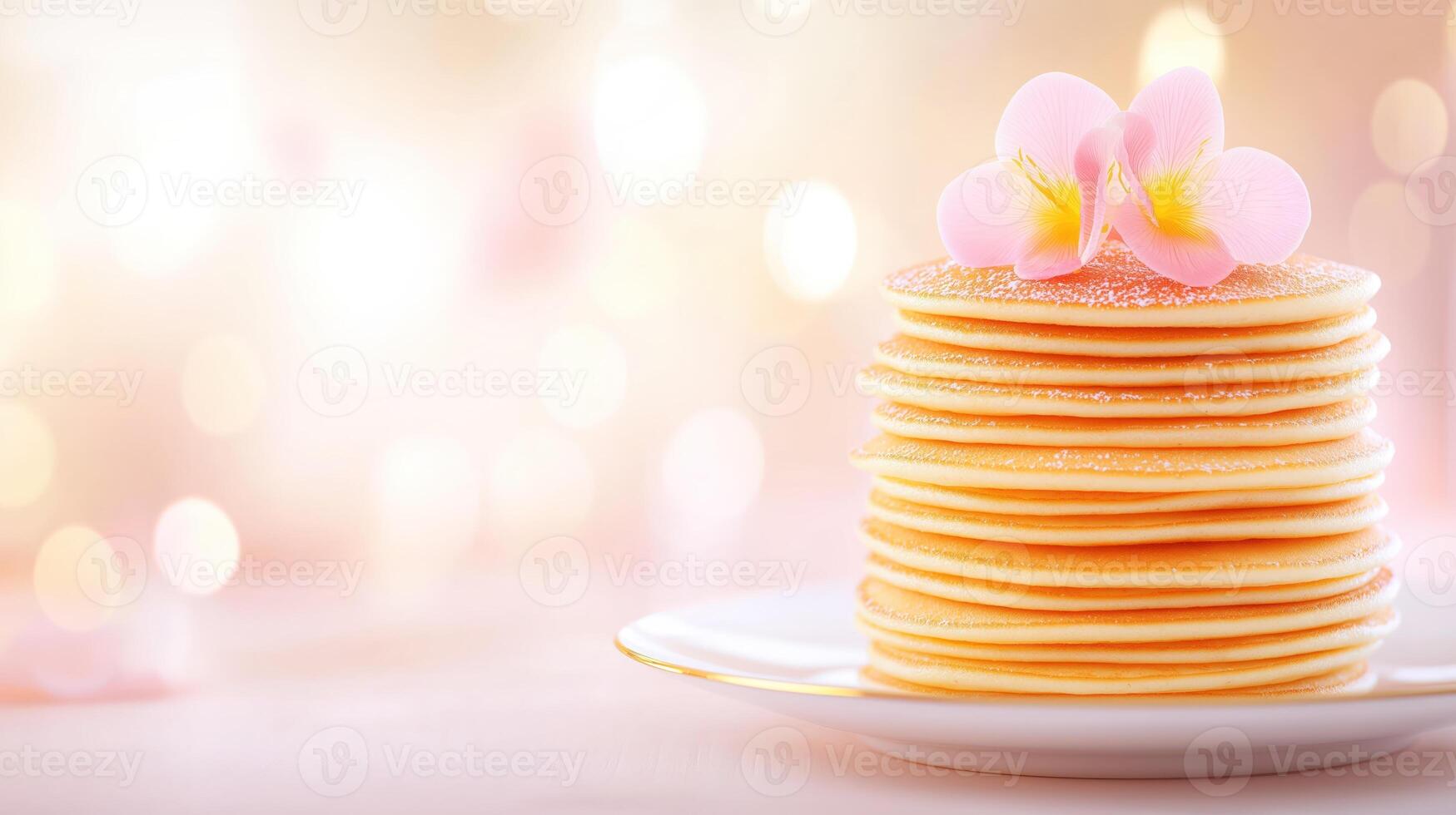 Stack of pancakes on white porcelain plate on pink festive background, with copy space photo