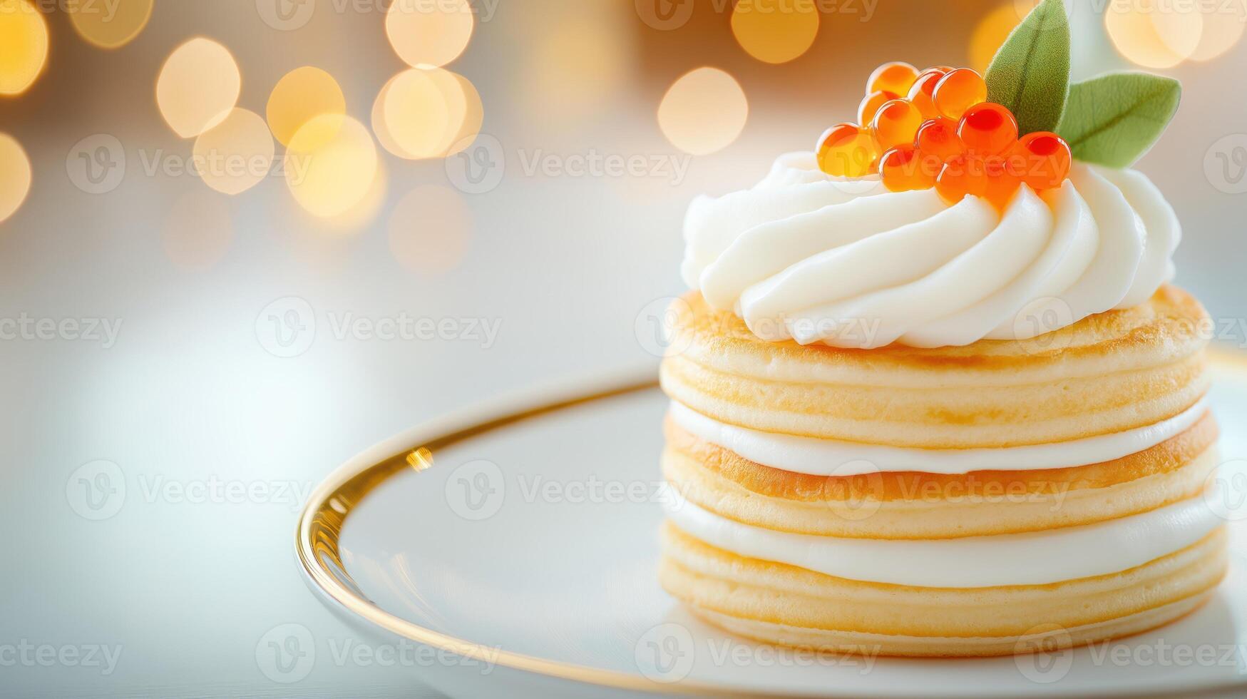 Stack of small tasty pancakes on white plate, topped with red caviar, with copy space photo
