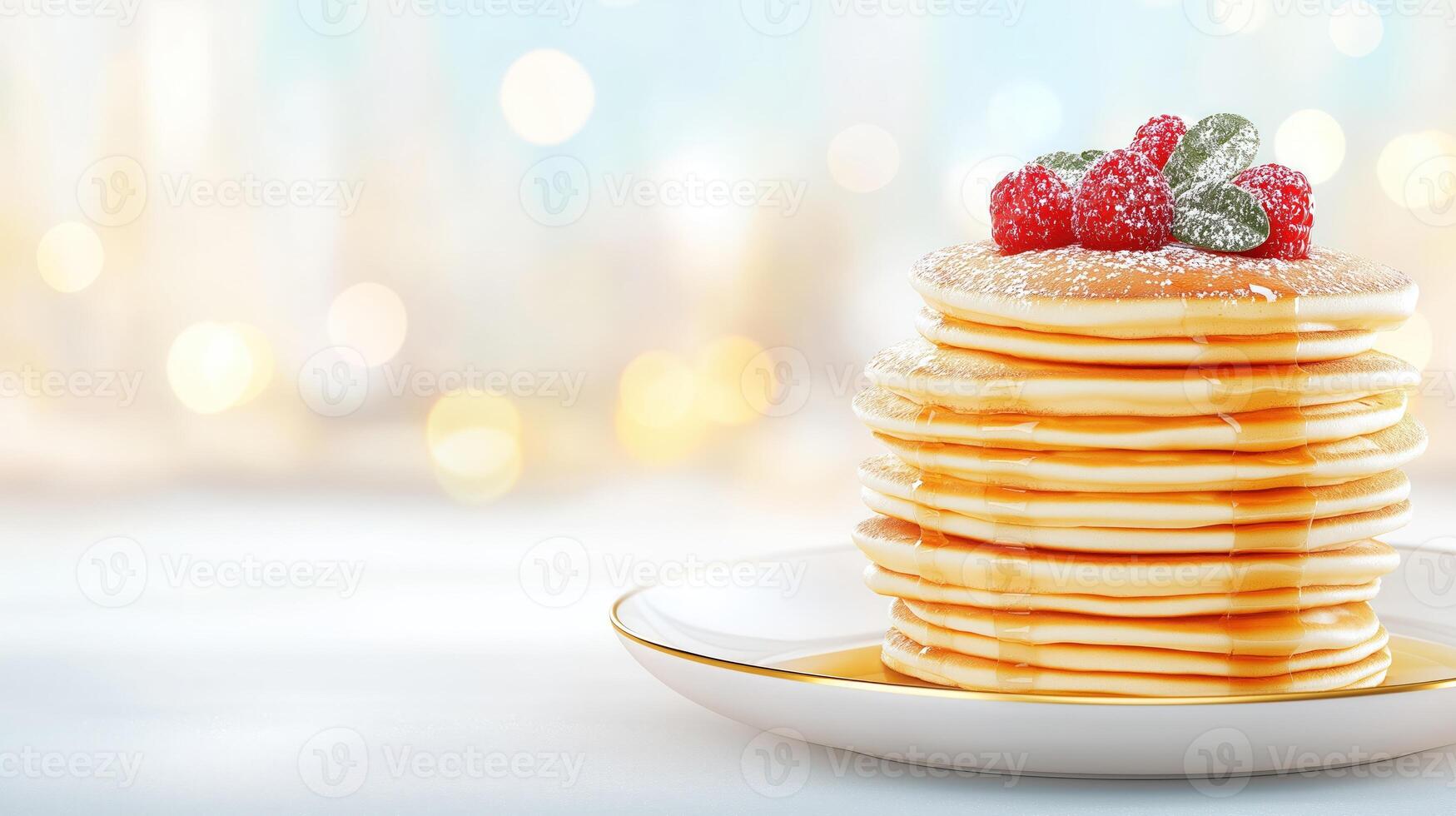 Tasty golden pancakes with honey, topped with fresh raspberries and powdered sugar, copy space photo