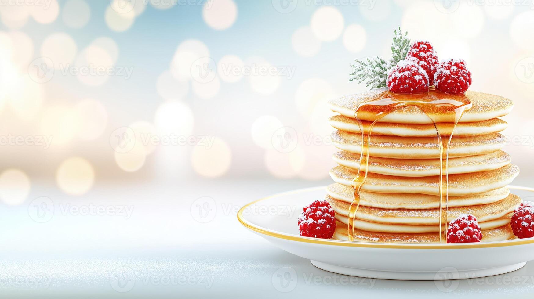 Stacking gold pancakes with honey, topped with fresh raspberries and powdered sugar, copy space photo