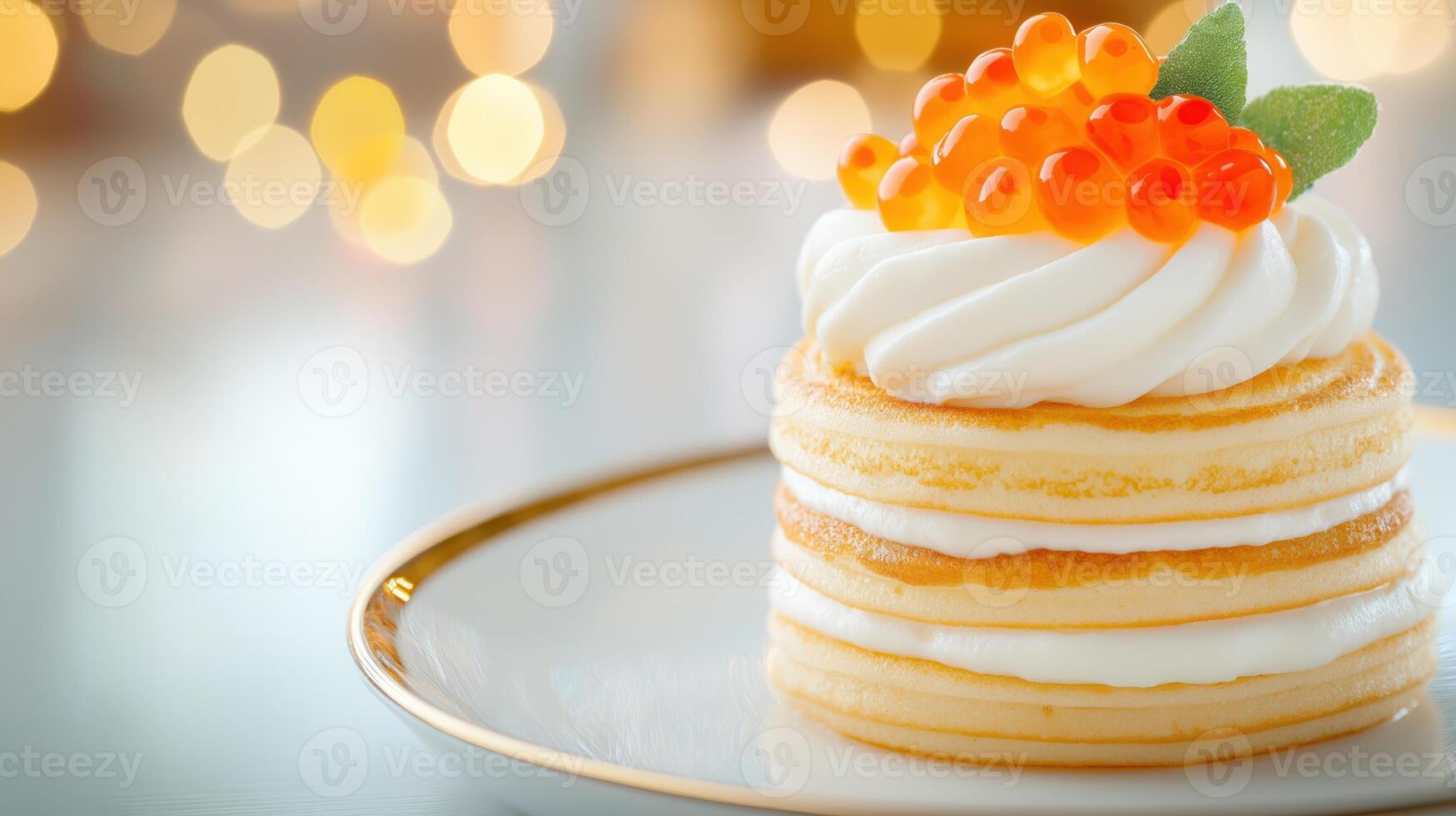 Stack of small golden pancakes on white plate, topped with red caviar, with copy space photo