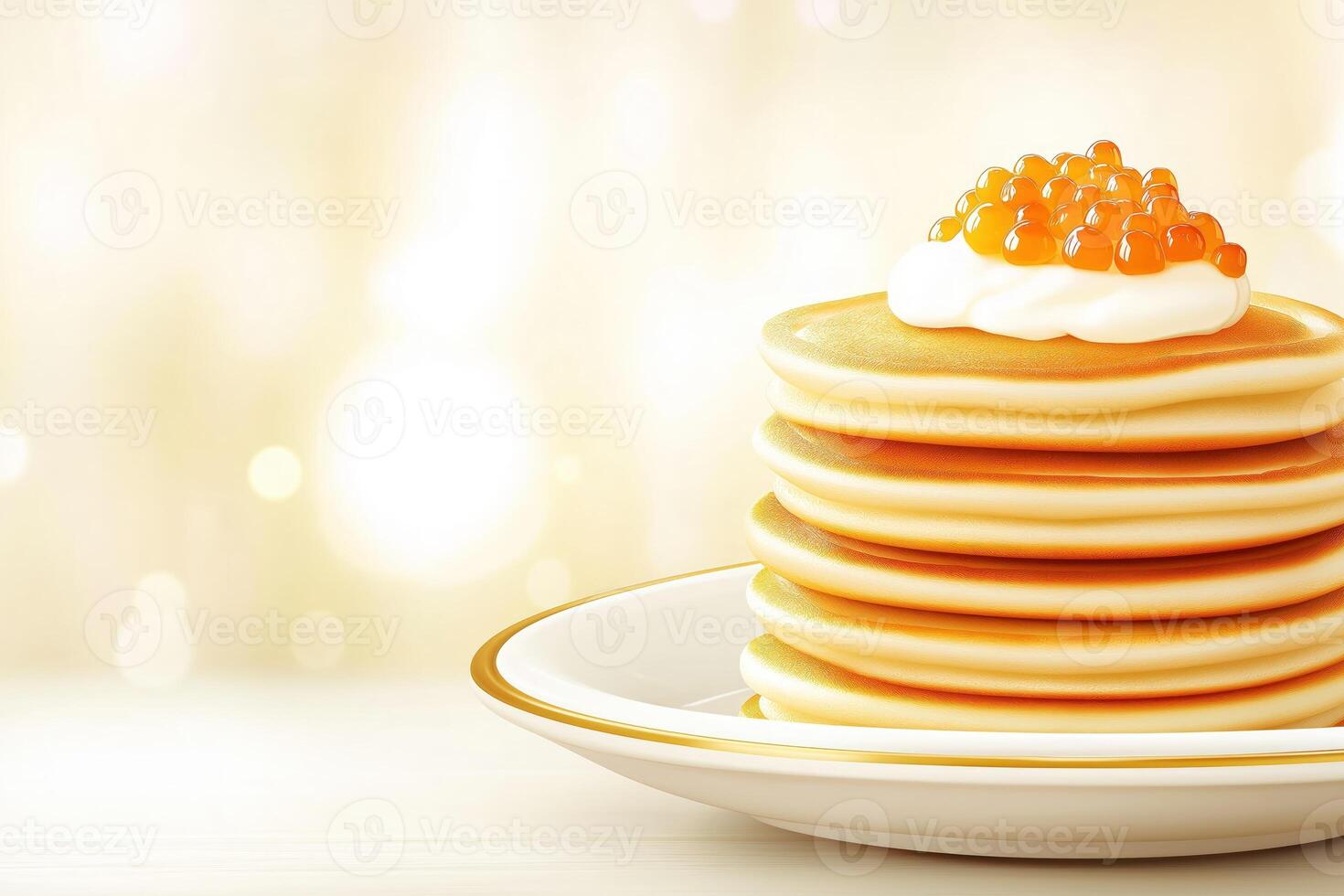 Pancakes stack on white plate, topped with red caviar, with copy space photo