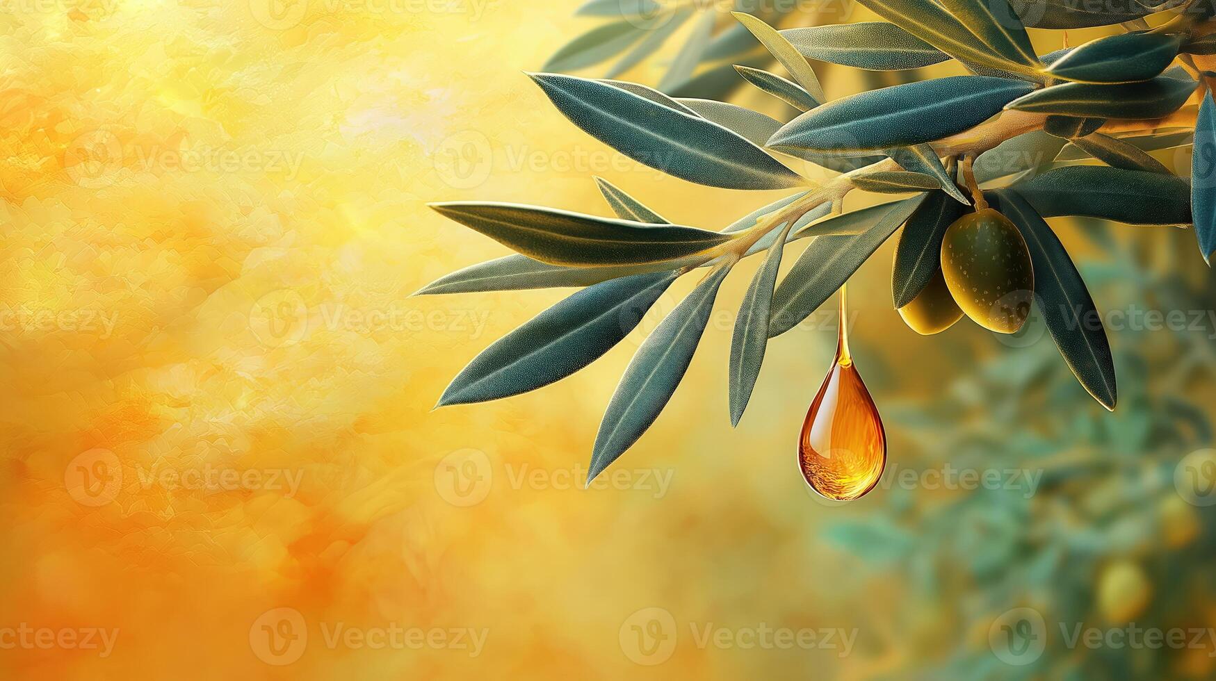 Close up of green olives hanging from branch and big drop of olive oil near them, with copy space photo