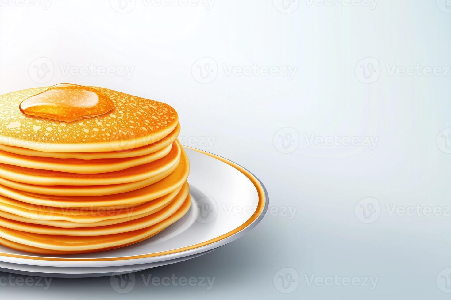 Stack of pancakes presented on white porcelain plate, topped with syrup or honey, with copy space photo