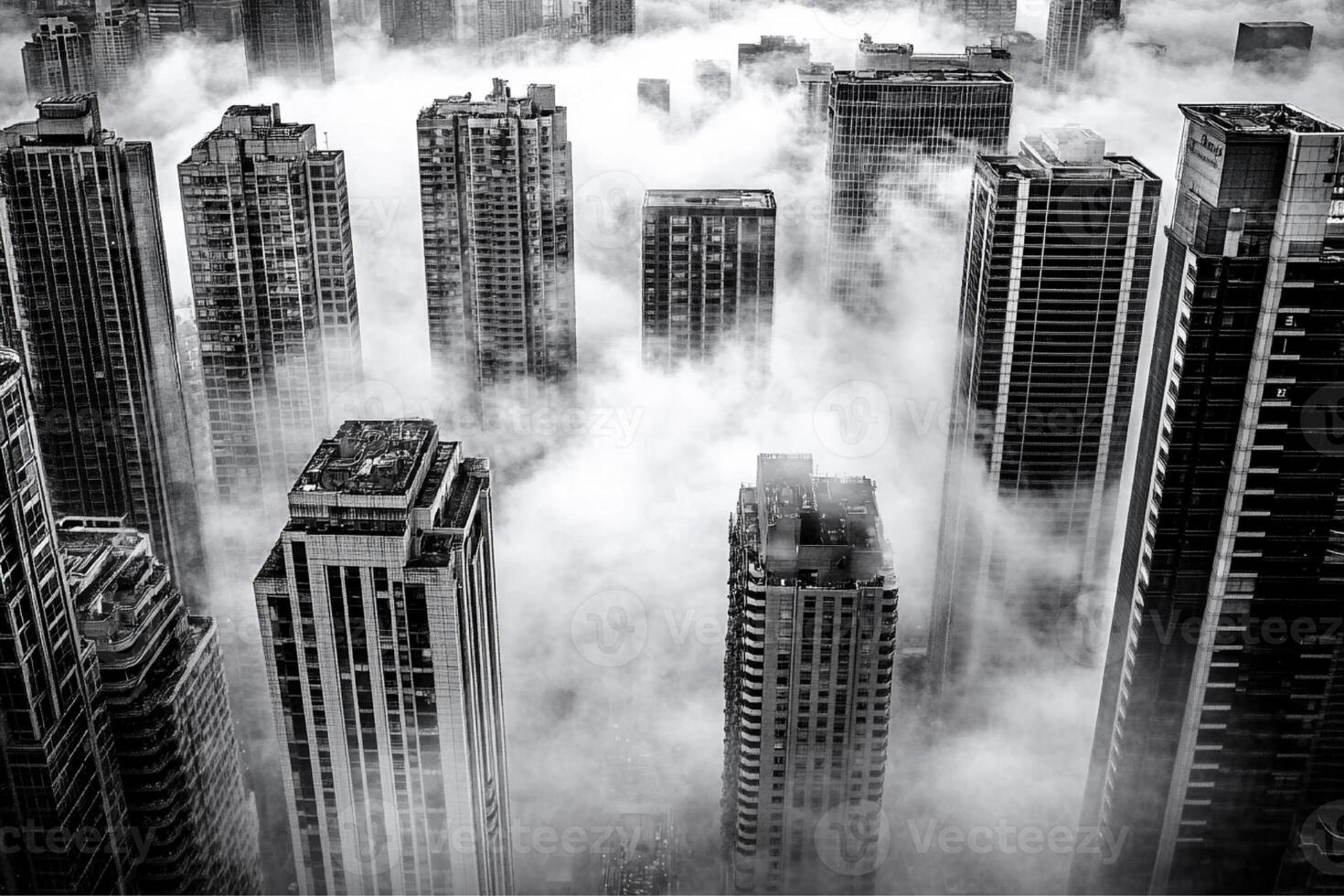 Foggy Skyline of a Modern City with Skyscrapers Disappearing into Mist photo