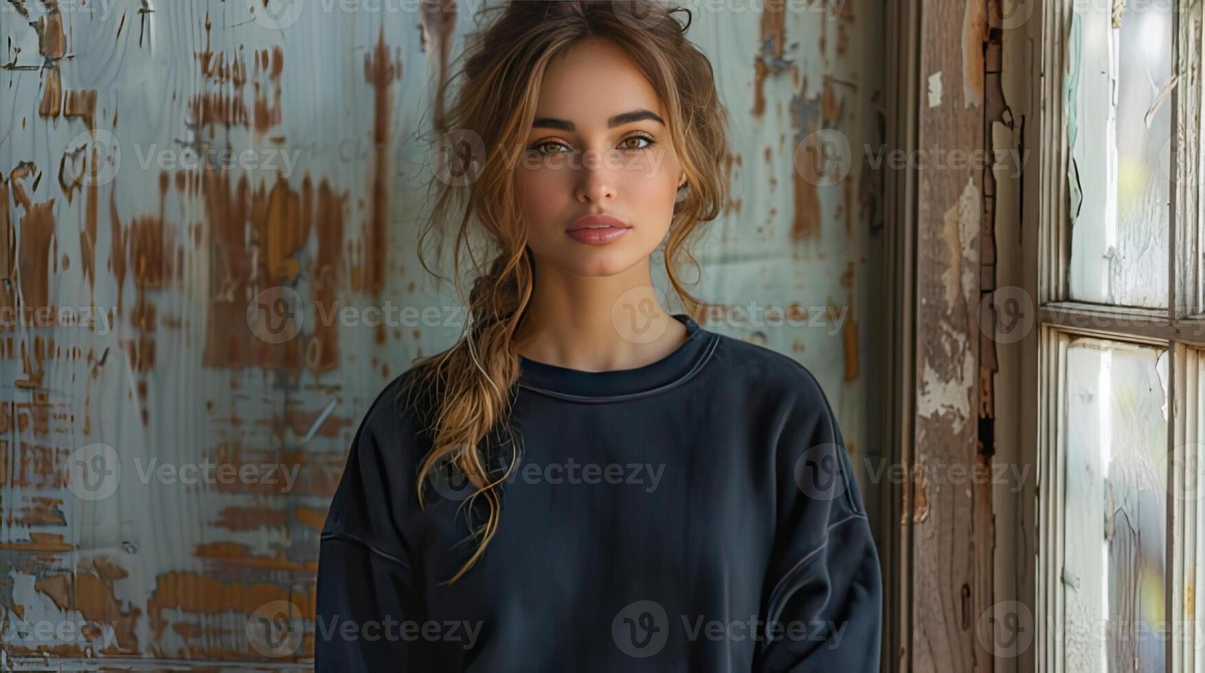 A woman in a black sweater standing in front of an old window photo