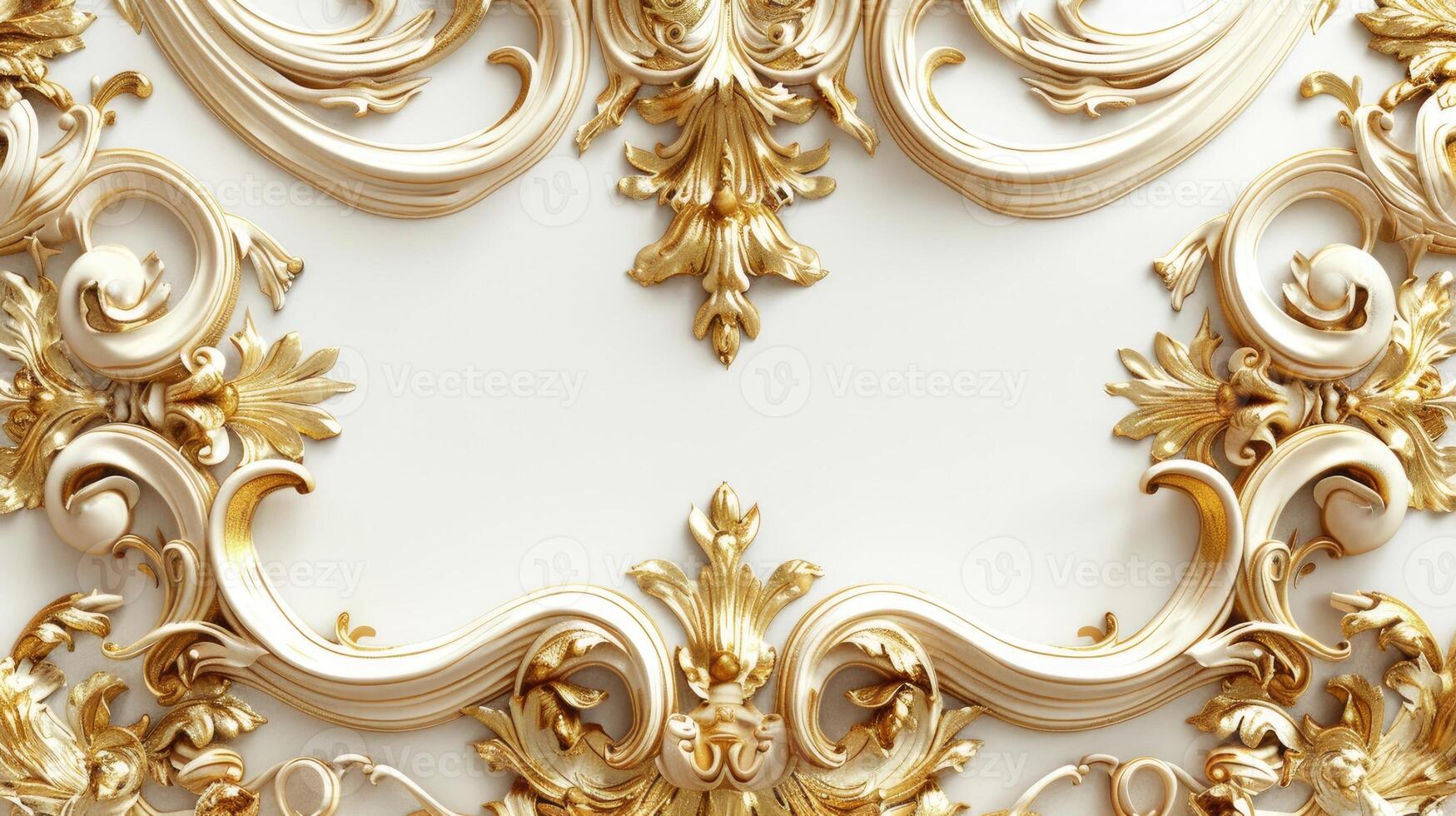 Golden frame with ornate design on white wall photo