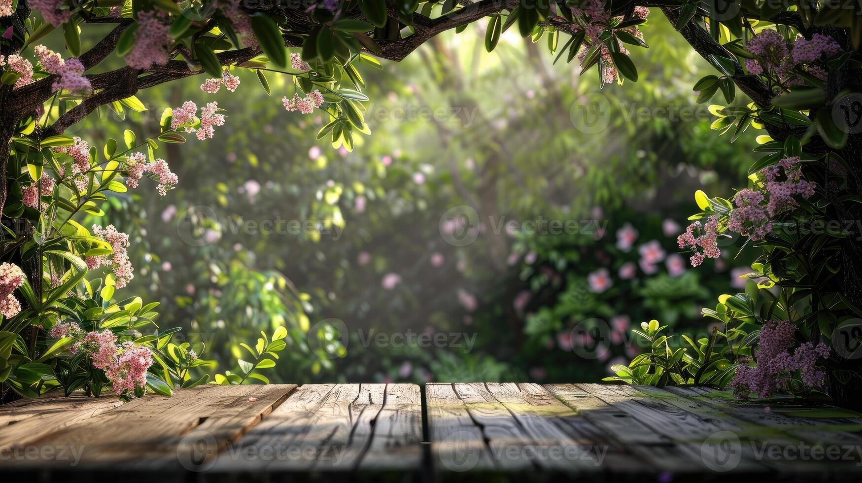Wooden table in the garden with flowers photo
