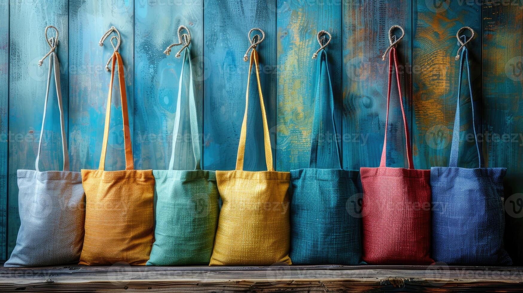 Colorful bags hanging on a wooden wall photo