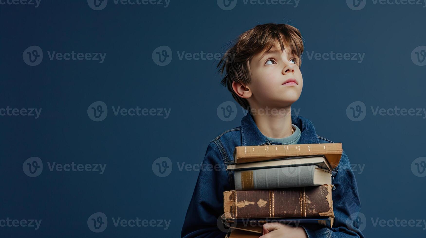 A young boy is holding a stack of books photo