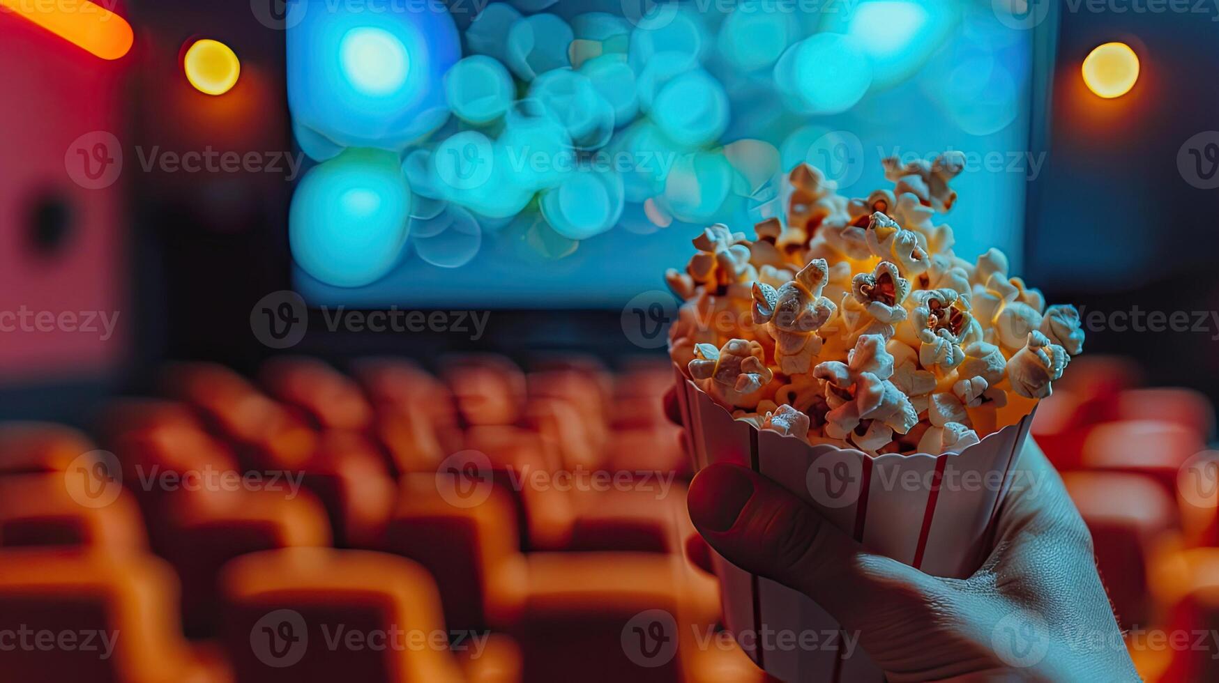 A person holding popcorn in front of a movie theater photo